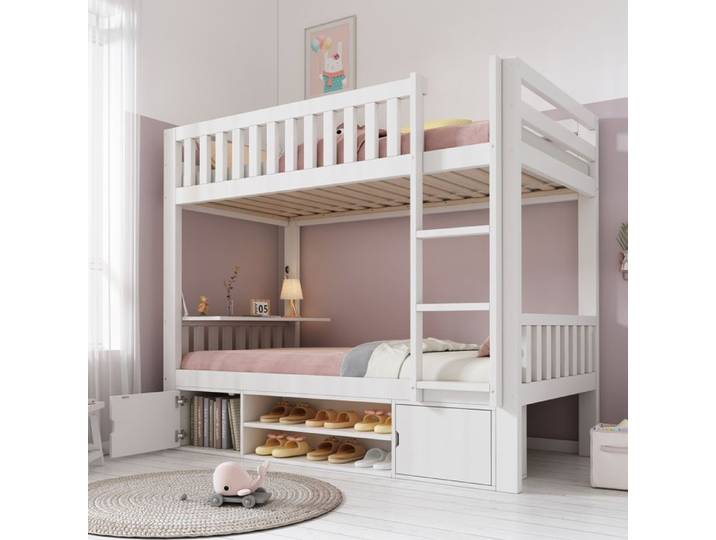 Lit superposé enfant 90x200 cm EVRYAE - table pliante et rangement intégré sans matelas - Blanc