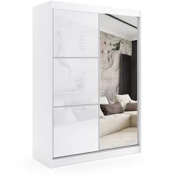 KLEIDERSCHRANK mit Spiegel-Schiebetüren und Aluminium-Leisten, LED-Beleuchtung - VIVONA - 160 cm Weiß