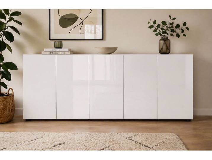 Sideboard HOME AFFAIRE MISTER – Schrank, Kommode, 225 cm breit, 80 cm hoch, Made in Italy , weiss (weiß), B:225cm H:80cm T:38cm, Sideboards, Sideboard, komplett Hochglanz lackiert, 5 Türen, 6 Fächer
