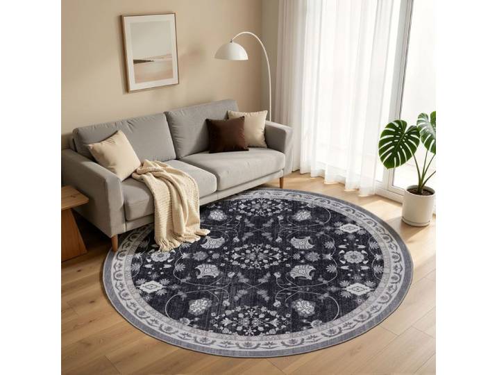 Carpettex Tapis Rond 200 cm Noir Vintage Oriental Lavable Antidérapant