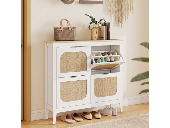 HOMCOM Meuble à Chaussures 20 Paires Rotin Blanc 105x24x95,5 cm