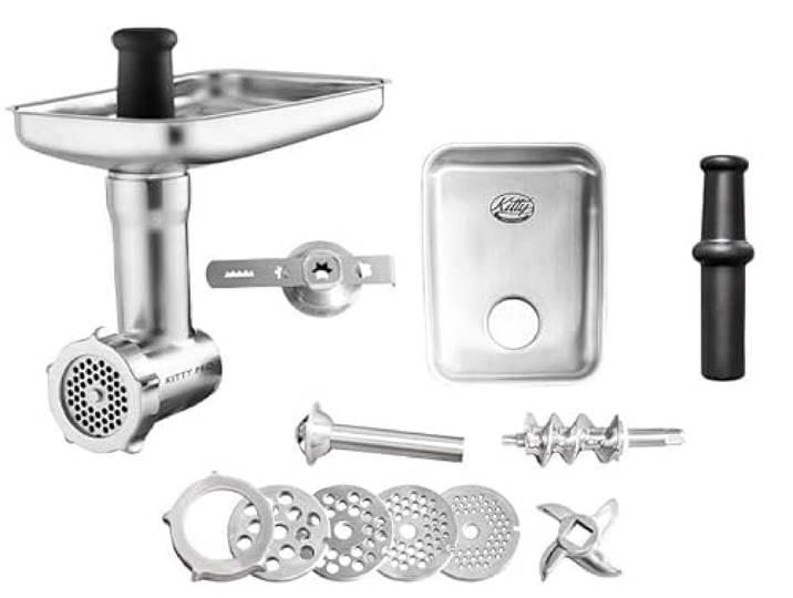 Kitty Professional Fleischwolf SCHREDDER PRO 2.0 aus hochwertigem Edelstahl inkl. Lochscheiben, Messer, Wurstfüllhorn, Spritzgebäckvorsatz kompatibel mit KitchenAid, ideal für Fleisch und Gemüse