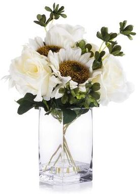Enova Home Cream Artificial Silk Roses and Sunflowers Mixed Fake Flowers Arrangement in Clear White Vase with Faux Water