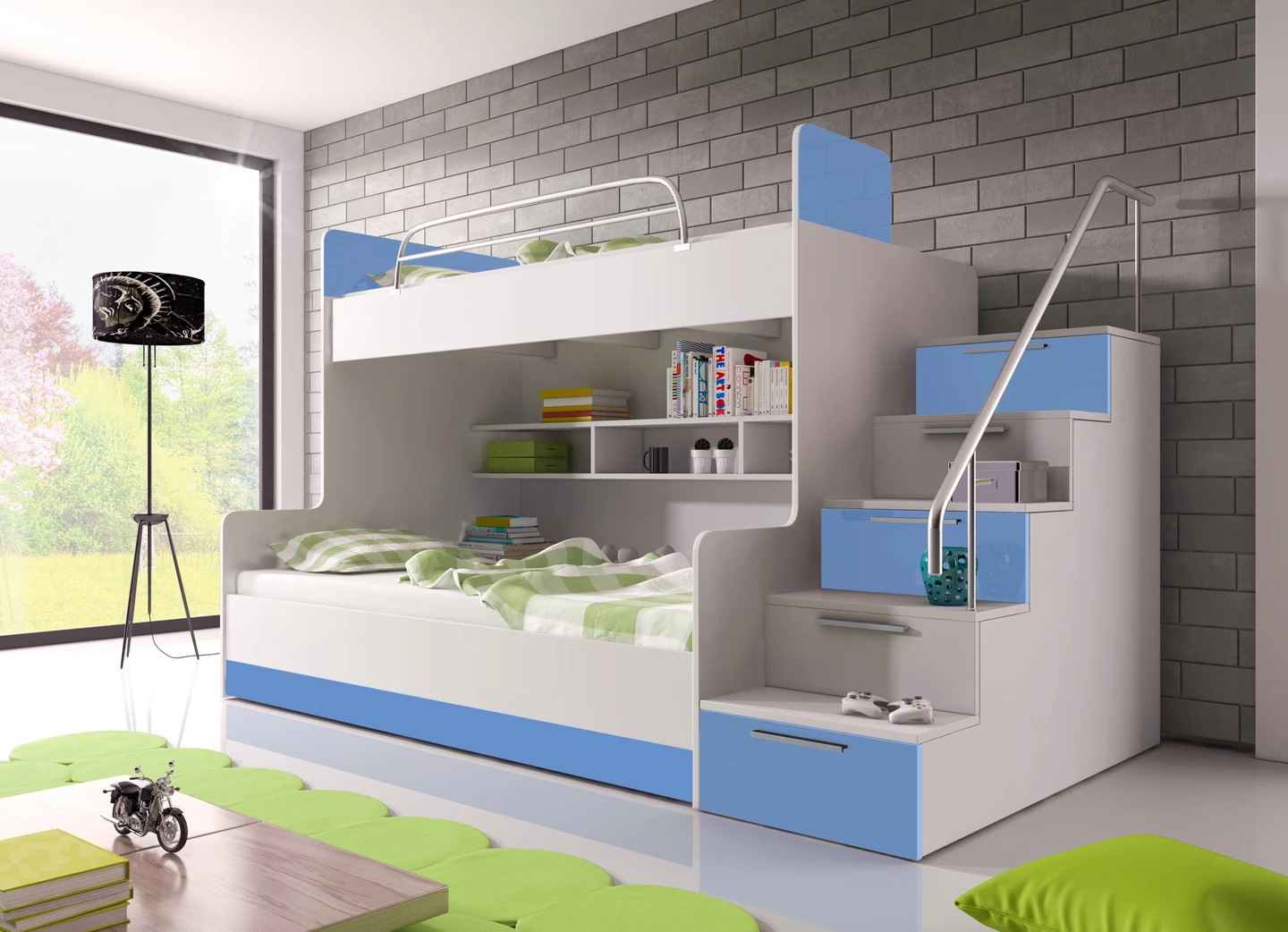 Etagenbett TOMI 2 , Doppelstockbett Hochglanz Kinderbett Hochbett , MIT Matratze und Lattenrost (Weiss / Blau )