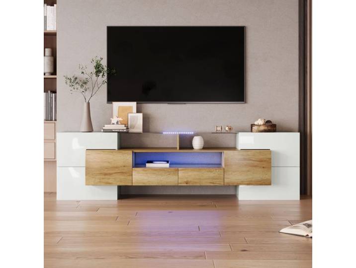 Meuble TV - 200cm - Éclairage LED - Surface en verre - Blanc et bois brillant