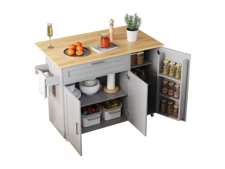 Grande table à manger mobile - L132 5xL44(70)xH90cm 5 roulettes -surface chên -pour cuisine salle manger -plan de travail