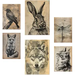 POSTER Set Mit 6 Vintage Tiere Vogel Hase Libelle Fuchs Wolf Katze A3 & A4 Rahmenlos