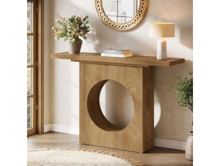 Finmind Table Console 105×29.5×80 cm Table d'Entrée Rustique en Bois avec Rangement Rond Pour Salon Entrée Hall Marron