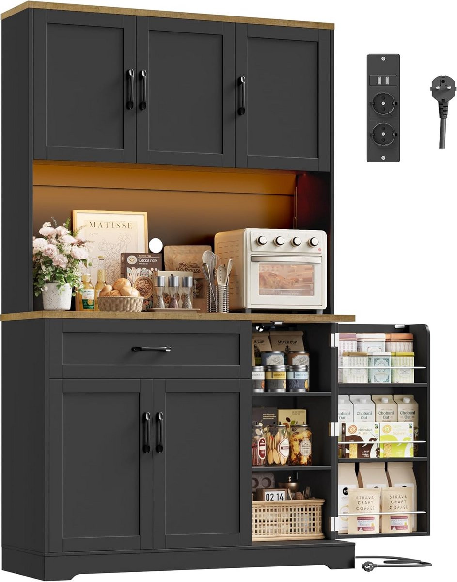 Lange Keukenkast met Werkblad, LED Verlichting en Kruidenrek - Buffetkast/Dressoir Zwart
