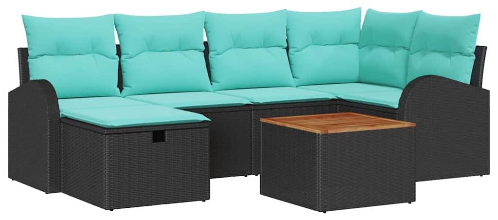 Garten-Sofaset mit Kissen, 7 Teile, Schwarz, Polyratan