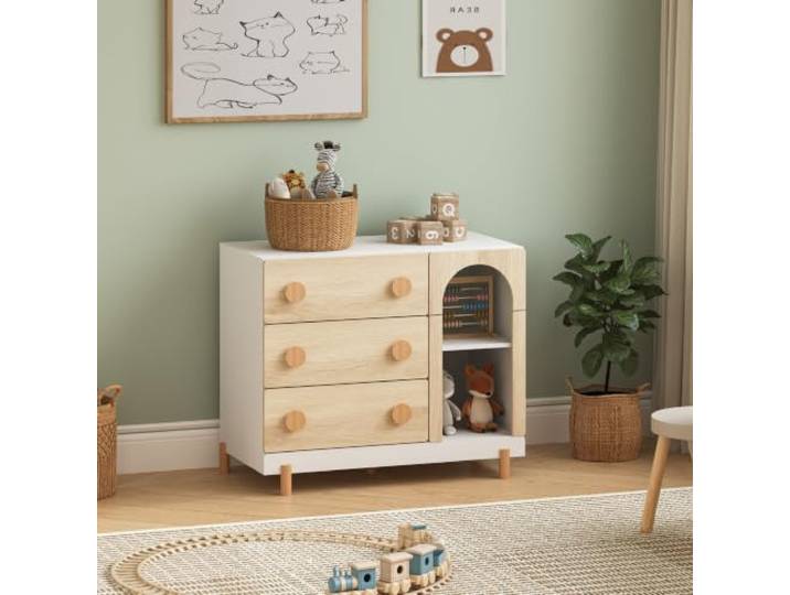 [en.casa] Kommode Kinderzimmer Vaarentaa 79x41x66 cm Eicheoptik Kinderkommode mit 3 Schubladen, 2 Fächer, Schubladenschrank, Aufbewahrung Kinderzimmer, Kinderschrank, Stauraum, Holzbeine