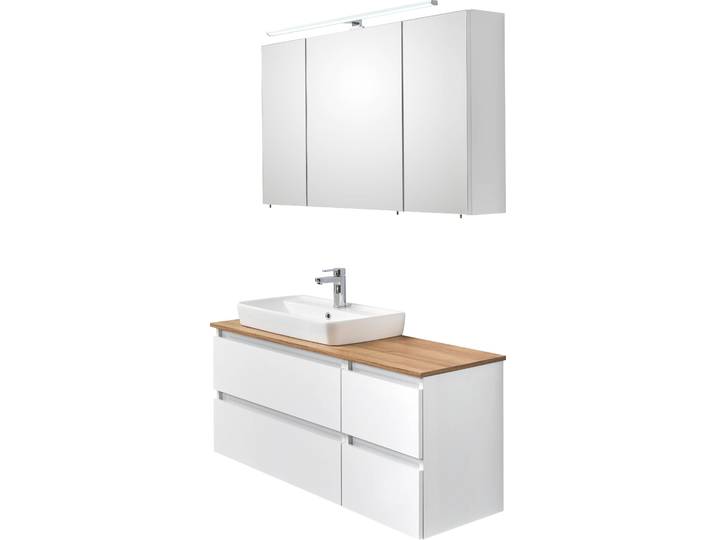 Badmöbel-Set SAPHIR Quickset 360 2-teilig, Keramik-Aufsatzbecken mit LED-Spiegelschrank , weiss (weiß glanz), Kastenmöbel-Sets, Badmöbel-Set, Waschtischplatte, 115 cm breit, Weiss Glanz, 3 Türen, 4 Schubladen