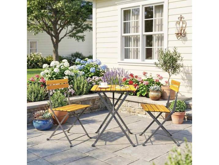Salon de jardin 3 pièces pour 2 personnes en teck table pliante et 2 chaises pliantes pour terrasse balcon