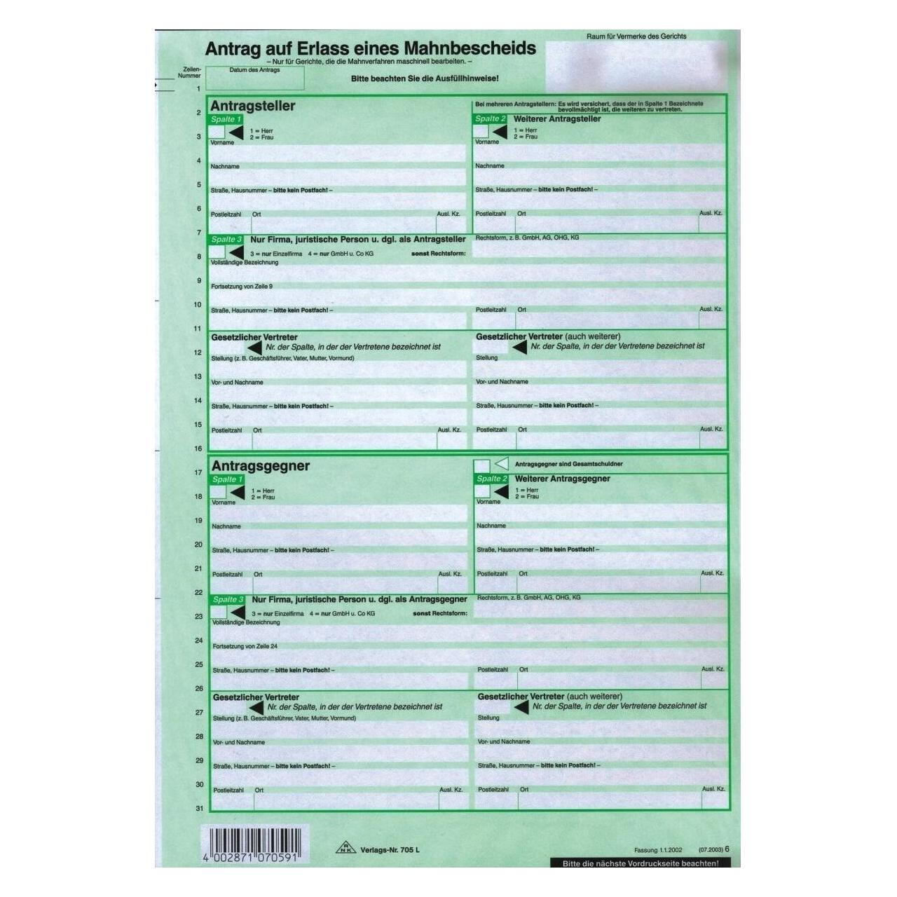 Rnk 10 RNK-Verlag Mahnbescheid für maschinelle Bearbeitung Formulare 705L/10 für Laserdrucker (705L/10)