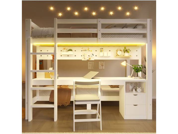 ROVRYN Lit mezzanine combiné 140x200 et 90x200 avec bureau 2 tiroirs panneau perforé et LED blanc