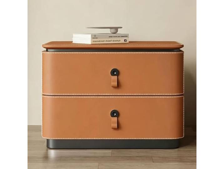 Nachttisch aus Leder Mit 2 Schubladen Moderner Beistelltisch Ledergriffe Ohne Tischbeine Aufbewahrungsmöbel for Schlafzimmer und Wohnungen(Orange,60cm/24in)