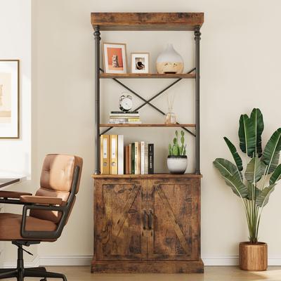 Yun Tall Bookshelf with Doors 73.62in Industrial Storage Open Rack Shelf