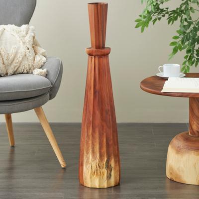 ARCILLA ELEMENTAL Brown Wood Handmade Tall Pleated Hourglass Floor Vase