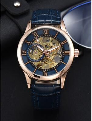 Multicon Wholesale Hub Waterproof Hollow Leather Men's Watch Automatic Mechanical Rome Watch rose Gold Blue
