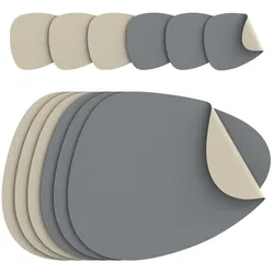 Arendo Platzset, 6er Set Premium Tischset doppelseitig, Kunstleder, rutschfest, oval, grau + beige