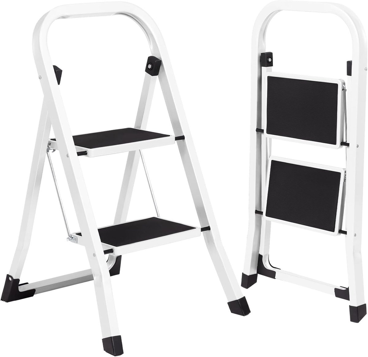 Famanu Trapladder met 2 treden, wit, staal, inklapbaar met handvat en antislipvoeten
