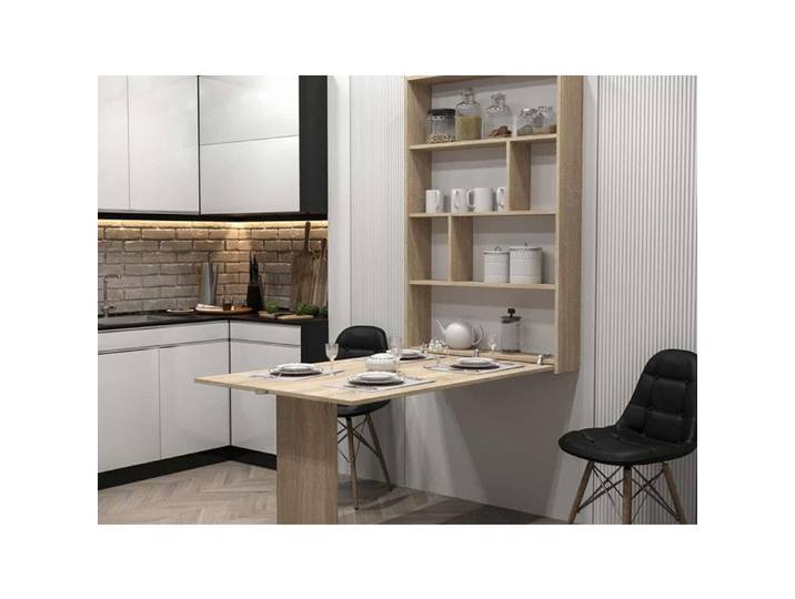 Mondrian - table murale rabattable avec rangements - 4 personnes - Bois