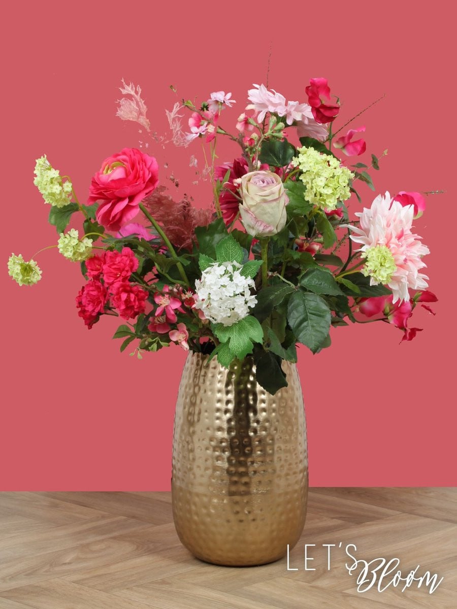 Let's Bloøm Luxe Zijdenbloemen Boeket met Gouden Vaas - Roze en Wit