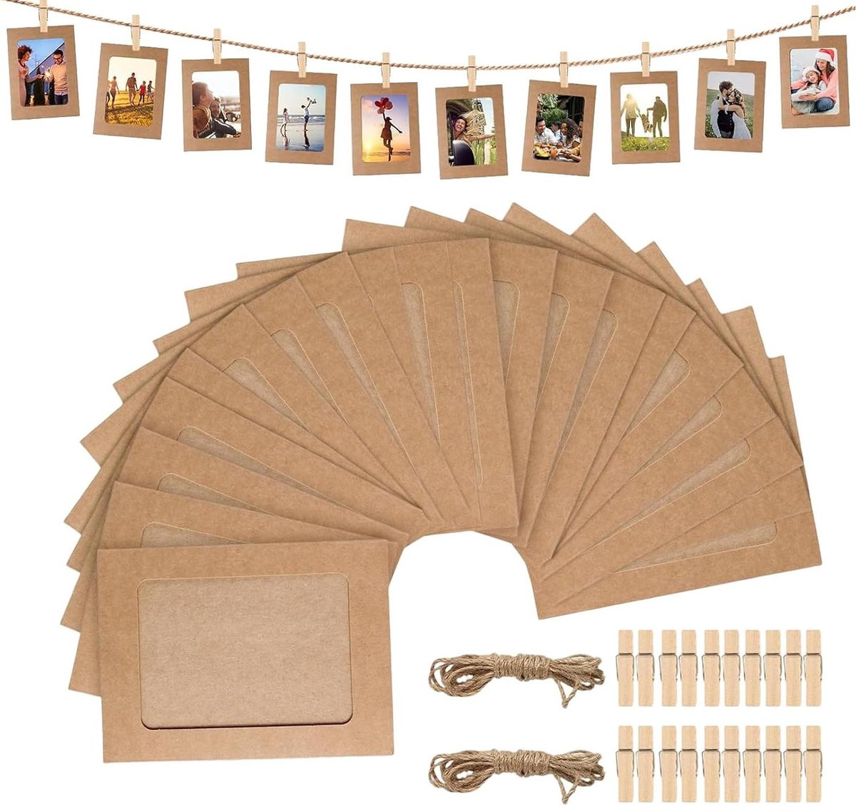 Set van 20 bruine kraftpapier fotolijsten voor wanddecoratie inclusief touw en klemmen