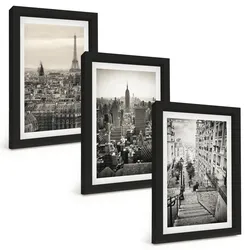BILDER SET 3er Set - 20x30 cm Schwarzer Rahmen - Aussicht Paris New York Treppen
