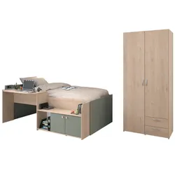 KINDERZIMMER Eiche, grün 2-teilig, Jugendzimmer-Set mit Stauraumbett und Kleiderschrank