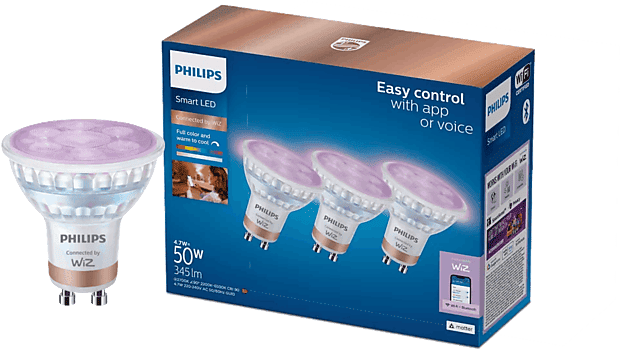 Bombilla inteligente-Philips SmartLighting Led GU10, Pack x3, RGB, 4,7W (Eq.50W), 345lm, wifi+BT, control via App WiZ, Matter, comp.Alexa,Apple Home