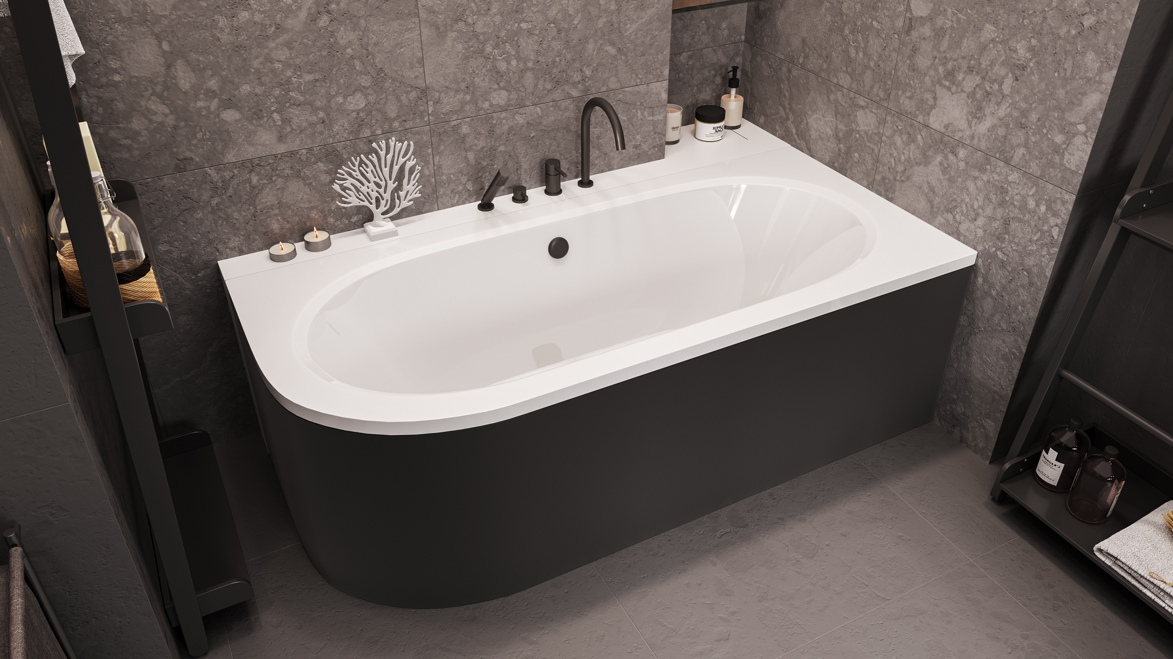 Eckbadewanne Badewanne Avita BLACK&WHITE RECHTS 150X75 mit Füßen , Ablaufgarnitur ( mit Schwarze Schürze)