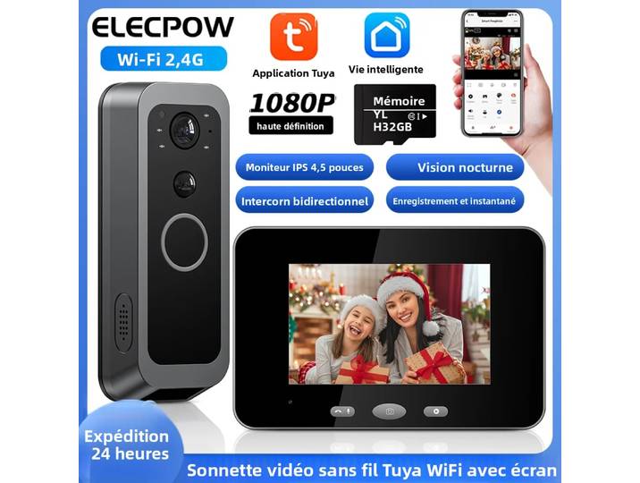 Sonnette vidéo sans fil Elecpow Tuya Wifi, caméra 1080P HD, vision nocturne PIR, détection de mouvement, caméra de sécurité intelligente pour téléphone extérieur