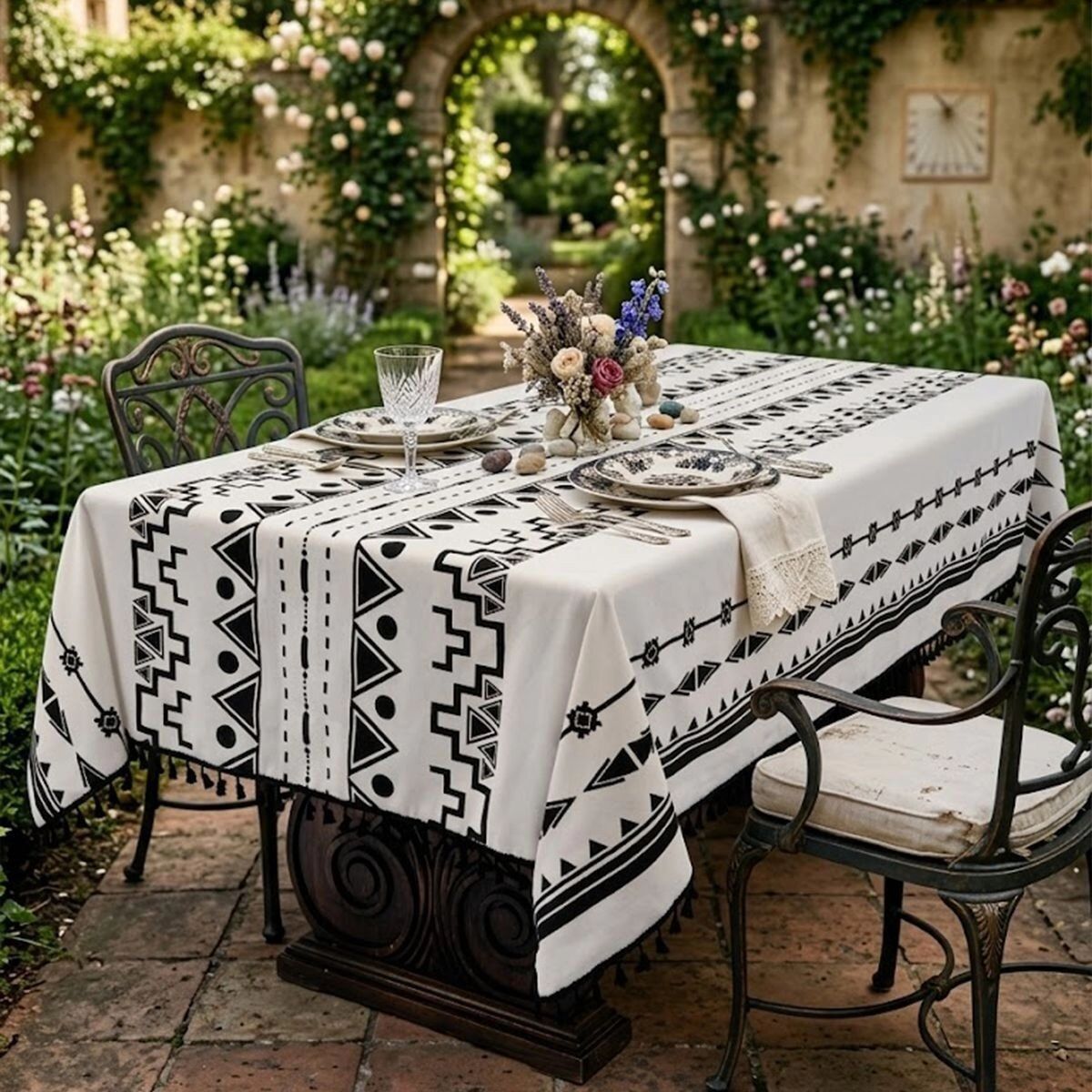 INF Fransige Polyester-Tischdecke für Wohn- und Esstisch, wasserdicht, minimalistisches geometrisches Muster mit Quasten 220 cm