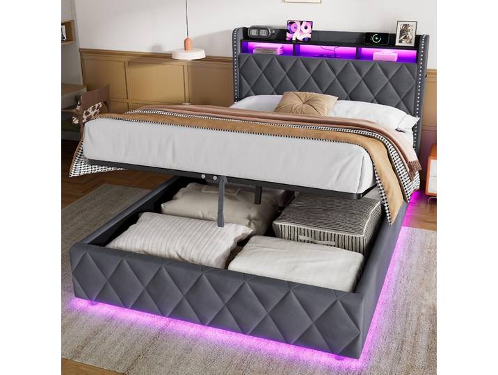 okwish Polsterbett 140×200 Boxspringbett mit Ablagefach,Bettkasten und LDE,Doppelbett,Jugendbett mit Viel Stauraum,Bettgestell Grau,ohne Matratze