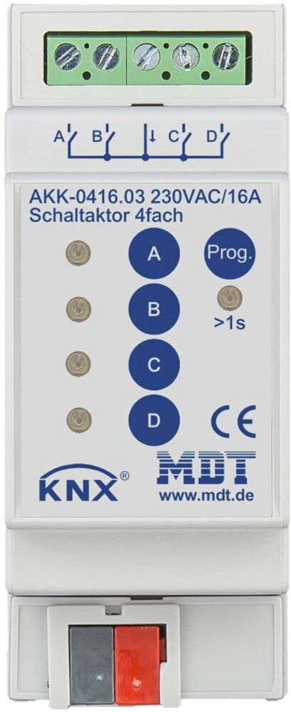 MDT technologies Schaltaktor 4-fach 2TE REG,16A,230VAC,Komp. AKK-0416.03)