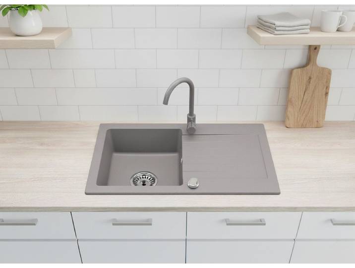 Faizee Möbel Granitspüle Faizee Home Granitspüle Alisha 75x43,5 cm Set mit Armatur & Siphon, Kratzfest, hitzebeständig bis 280 °C, reversibel, pflegeleicht, inkl. grauer Armatur & Siphon-Set, (Komplett-Set, Granitspüle mit grauer Armatur & Siphon-Set), Kratzfest, hitzebeständig, reversibel, mit Armatur & Siphon