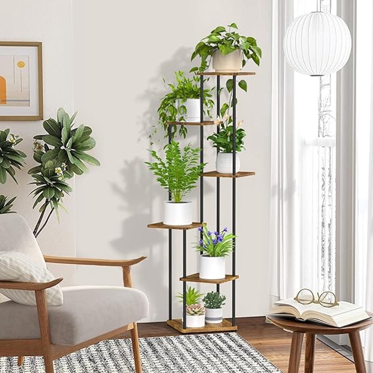 Famanu Plantenstandaard voor binnen, 6-laags metalen plantenrek en hoekdisplayrek voor bloempotten