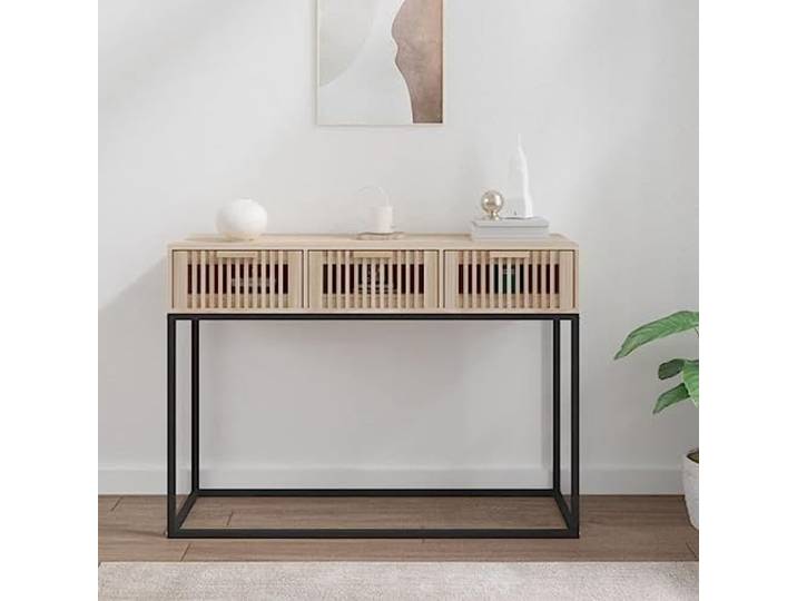 HEFZGDB Skandinavischer Konsolentisch 105x30x75 cm mit 3 Schubladen aus Holzwerkstoff und Eisen, Stabile Tischplatte und Metallfüße für Langlebigkeit, Praktischer Beistelltisch