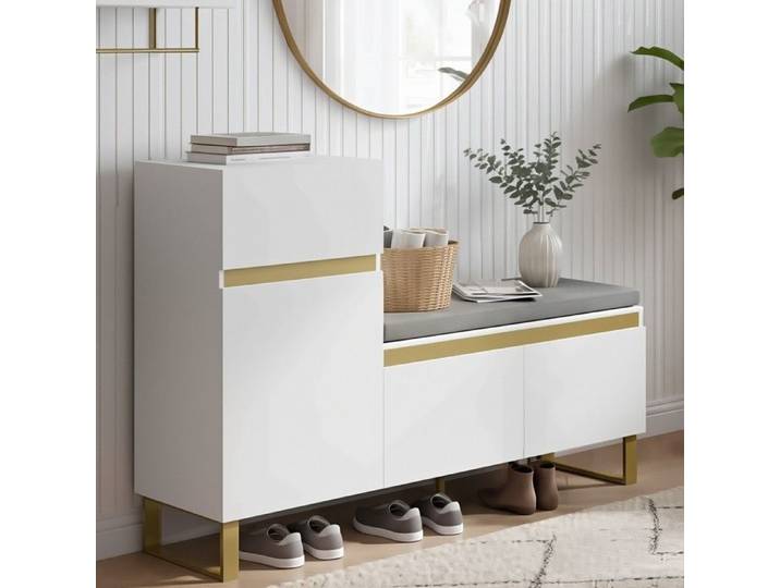Meuble à Chaussures 120cm - Banc de Rangement avec Coussin - Tiroir & Portes - Style Moderne Chic - MDF Blanc et Doré