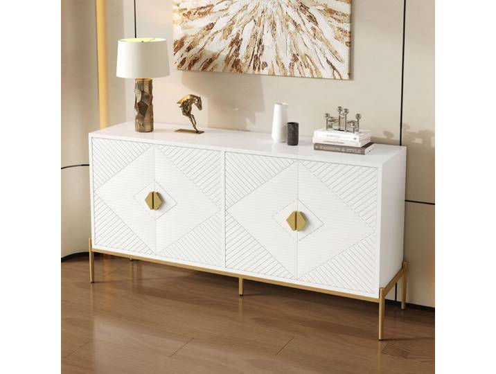 LEMLIT Buffet Salon 162cm Blanc Haute Brillance 4 Portes Commode 162 x 40 x 80cm