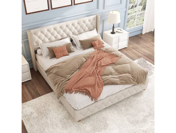 Lit Double 160x200 cm avec Sommier à Lattes Lit 2 Personnes avec TêTe de Lit en Lin Lit Adulte Double Lit Adulte Rembourré Beige