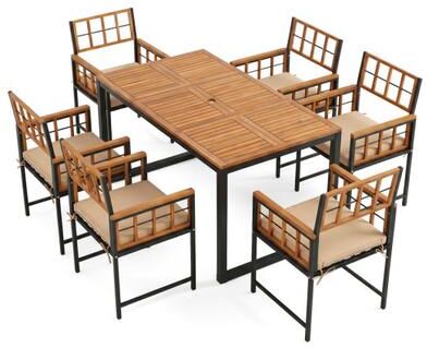 Costway 7-Piece Outdoor Dining Set with Acacia Wood Table & Chairs and Umbrella Hole-Natural & Black