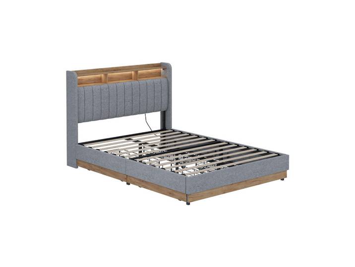 VitaliSpa Polsterbett Nura Grau 140x200 cm mit 4 Schubladen, Grau, Eichefarben, Holzwerkstoff, Rechteckig, Schlafzimmer, Bett