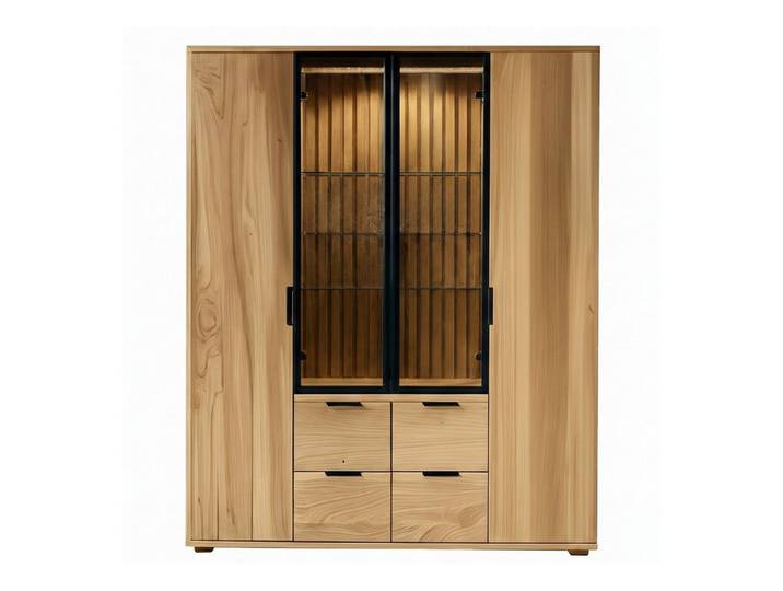 WOLF MÖBEL Vitrine NAMIBIA Highboard 2 Holz-/2 Glastüren/4 Schubladen/Licht (120 x 40 x 140)