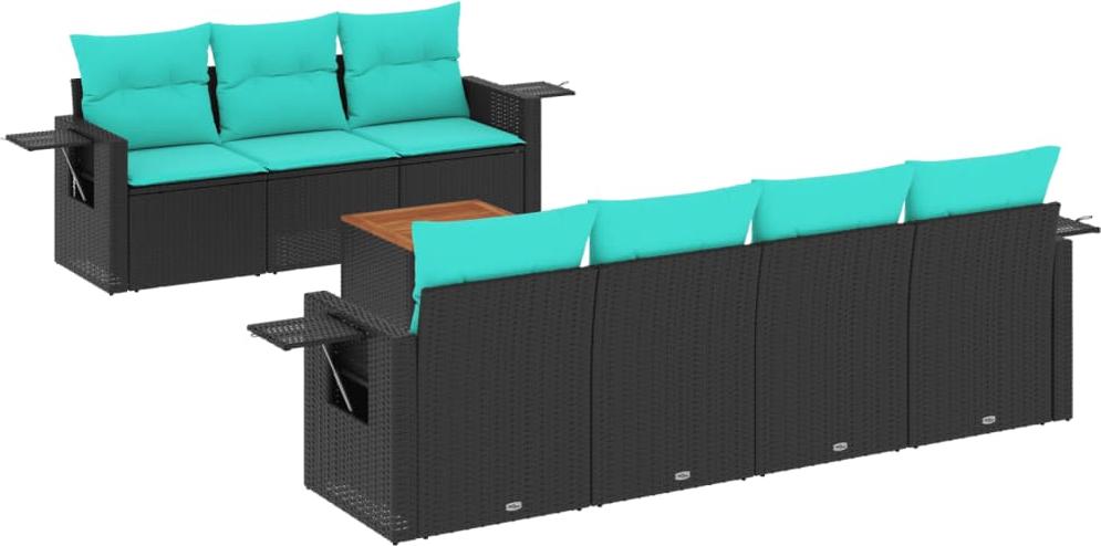 8-teiliges Gartensofa-Set mit Kissen, schwarzes Polyrattan