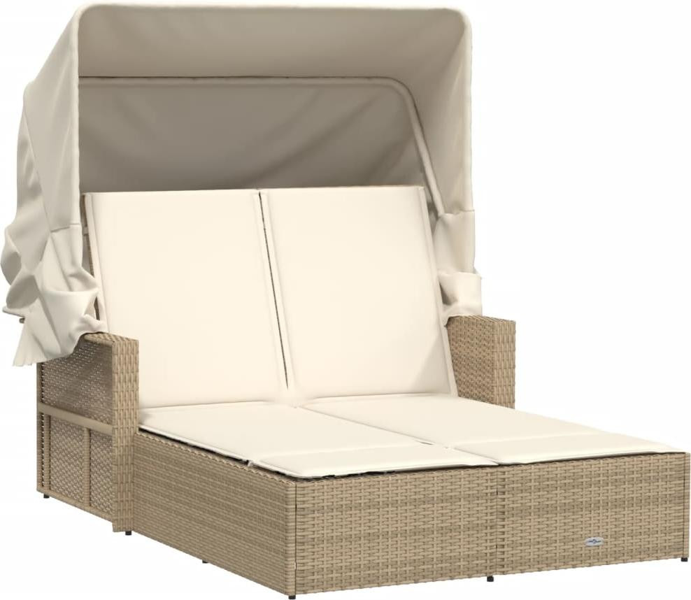 vidaXL Dubbele ligbed met zonnedak en kussens, beige, polyrotan