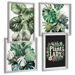 BILDER SET 4er Set - 50x50 cm & 40x60 cm Silberner Rahmen - Tropische Pflanzen, Pflanzenliebhaberin
