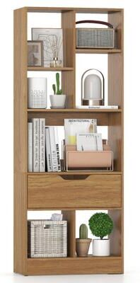 Costway 51inch Tall Freestanding Bookcase with Drawer 7-Cube Storage Organizer-Natural