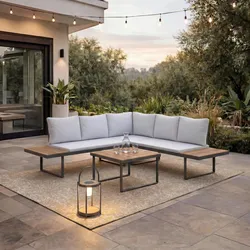 Loungegarnitur Elia Hellgrau Outdoorstoff/Metall/Holz
